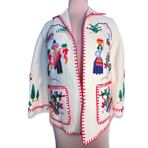 Vintage Hand Embroidered Folk Art Jacket Mexican Southwestern Wool Coat Medium - Picture 2 of 16